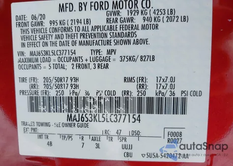 2020 Ford Ecosport Titanium z USA, uszkodzony, nr VIN MAJ6S3KL5LC377154